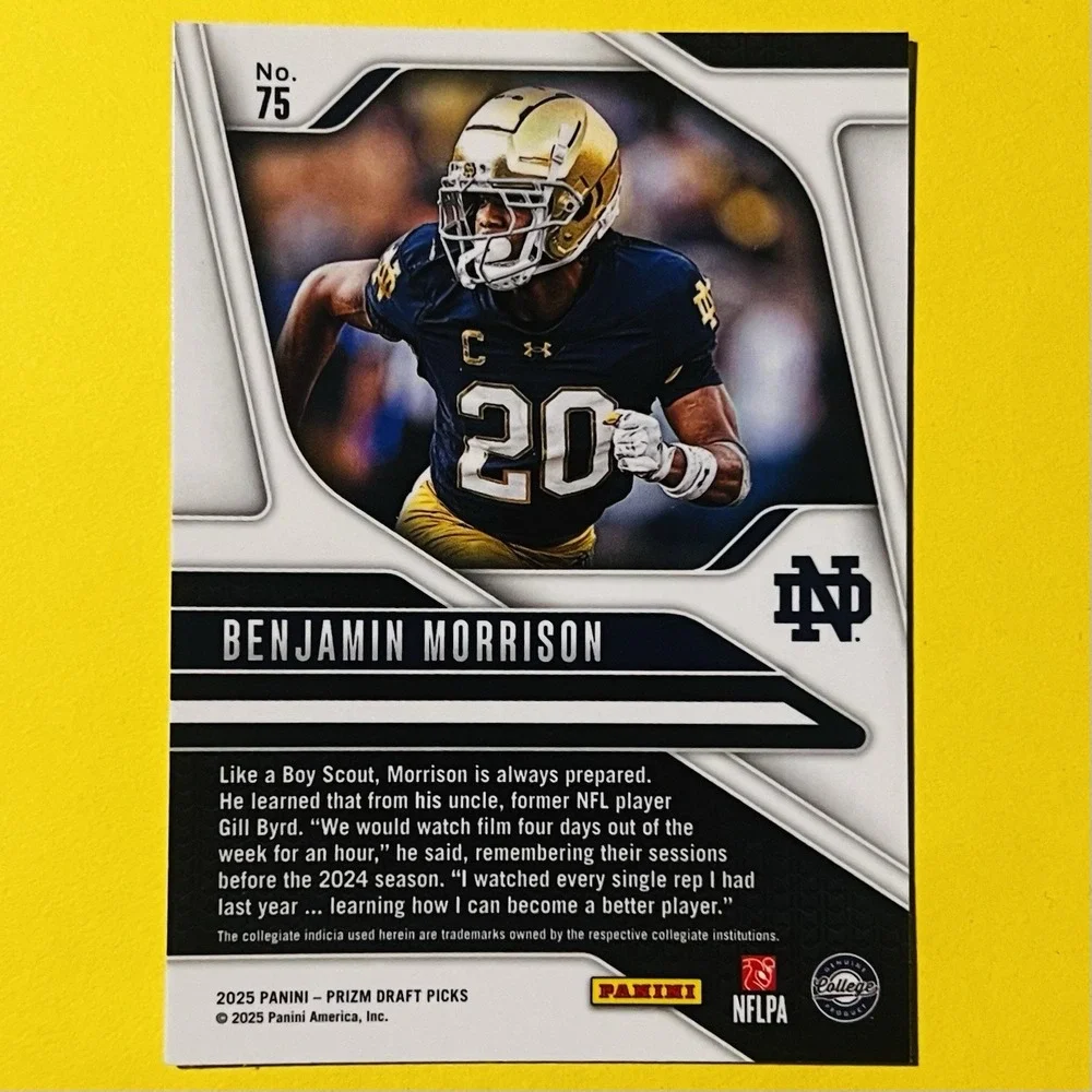 2025 Panini Prizm Draft Picks Benjamin Morrison RC #75 Notre Dame Rookie Card